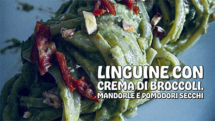 Linguine con crema di broccoli, mandorle e pomodori secchi